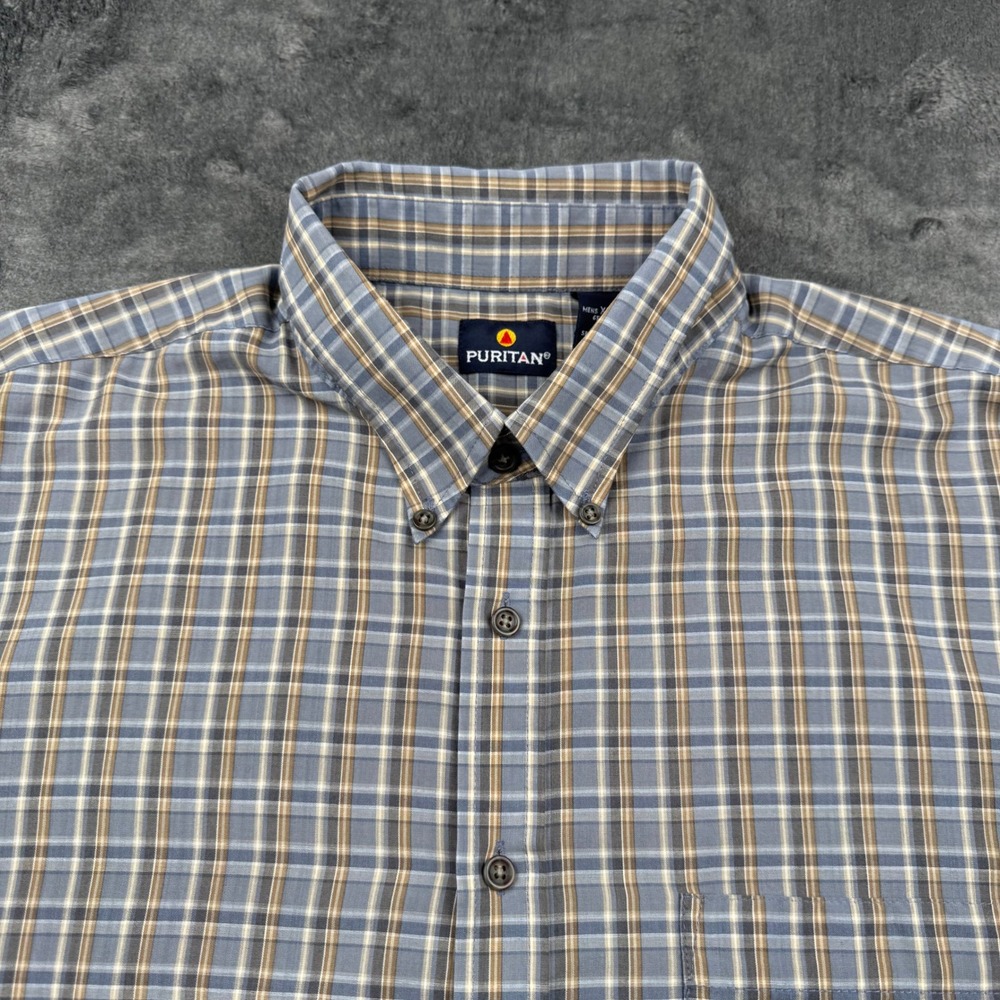 Puritan Mens XL Blue Tan Plaid Short Sleeve Button Down Shirt Collared Pocket - Picture 2 of 8
